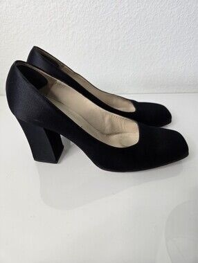 Vanessa Noel Classic Black Silk Satin Block Heel Pumps - Size 9 (39.5)